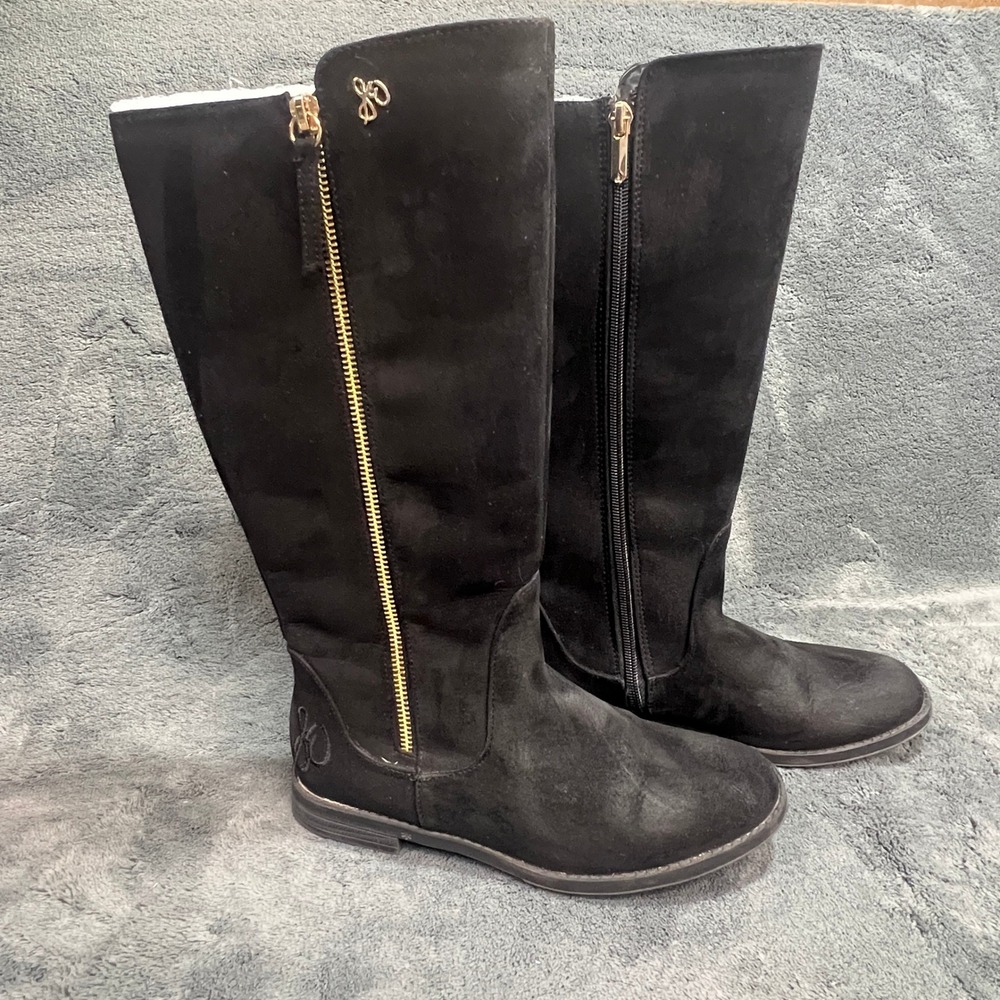 Sam Edelman Kendall Bethany Black Faux Suede Tall Riding Boots Gold Zip Womens 4